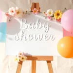 Vibrant baby shower welcome sign with floral design, greeting guests warmly at the entrance, perfect for event decor.