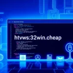 Visual representation of the https://32win.cheap website as a modern tech platform with software tools and download icons, emphasizing Windows applications and digital solutions for users.
