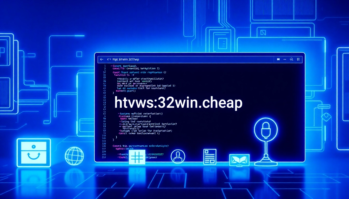 Visual representation of the https://32win.cheap website as a modern tech platform with software tools and download icons, emphasizing Windows applications and digital solutions for users.