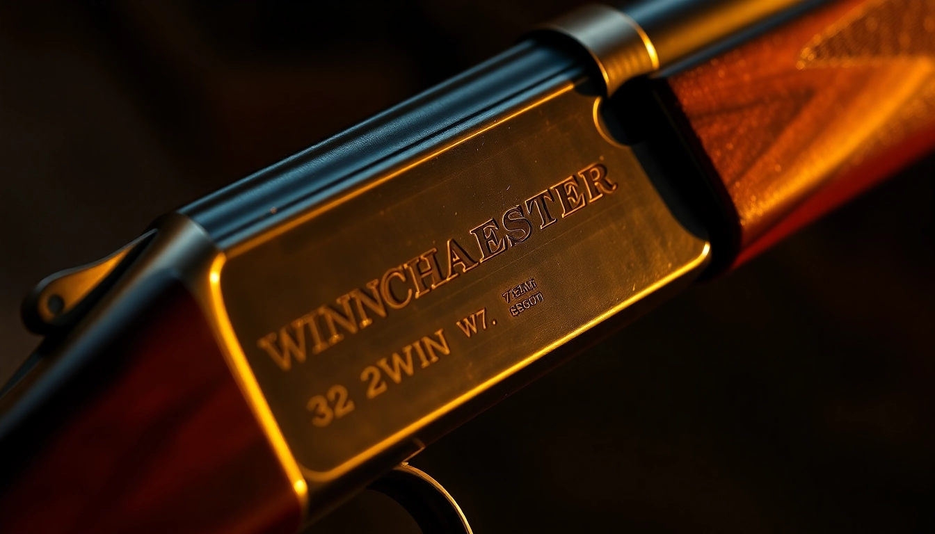 Detailed shot of a classic Winchester rifle showing the .32WIN cartridge, emphasizing precision and craftsmanship for firearm enthusiasts.