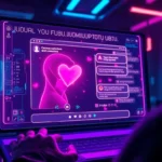 An advanced AI chat interface on a futuristic screen with neon colors, suggesting intimacy and technology in a sleek environment.