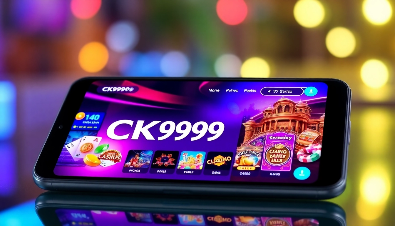 CK999 app interface on a smartphone showcasing casino games with a vibrant, engaging design for gaming enthusiasts.