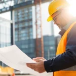 Experienced contractor reviewing project plans at a well-organized construction site, ensuring quality and safety.