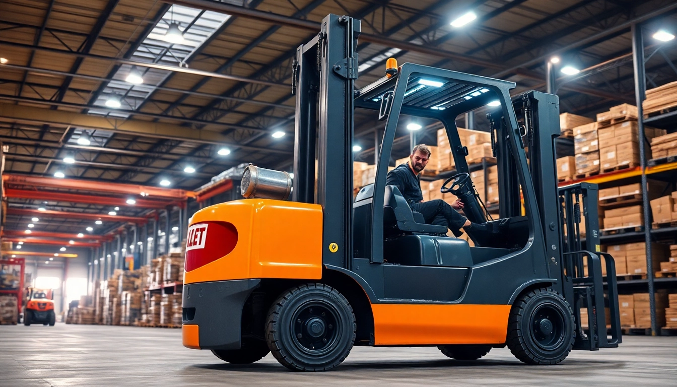 Efficient forklift rental in action at a warehouse, showcasing modern forklifts handling heavy loads with safety features.