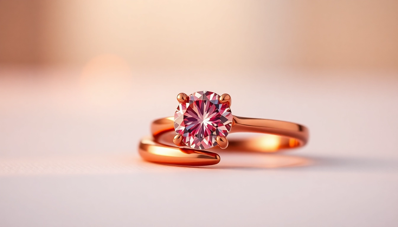 Stunning red gold engagement ring featuring a radiant central diamond with a warm, inviting background, perfect for special proposals.