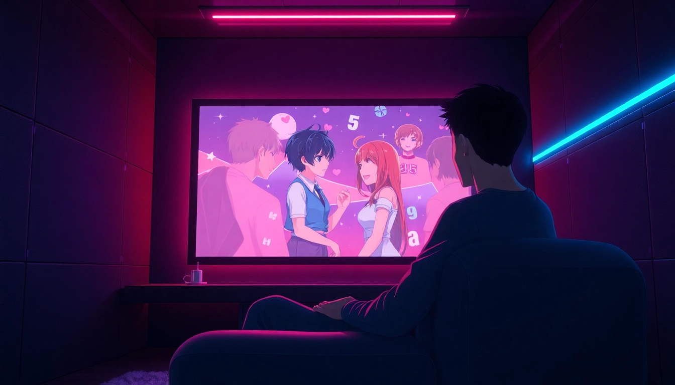 A person using an AI sexting platform on a sleek digital device in a dimly-lit, modern room with vibrant anime characters on screen.