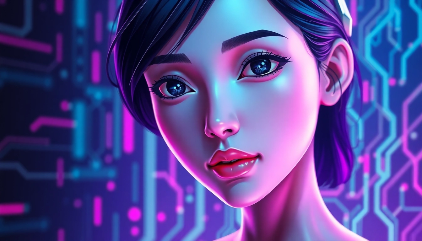 Futuristic digital illustration of a female AI avatar with neon cyberpunk background.