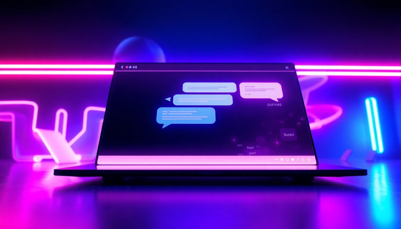 Futuristic AI chatbot interface with glowing neon accents and holographic elements in a high-tech digital environment.