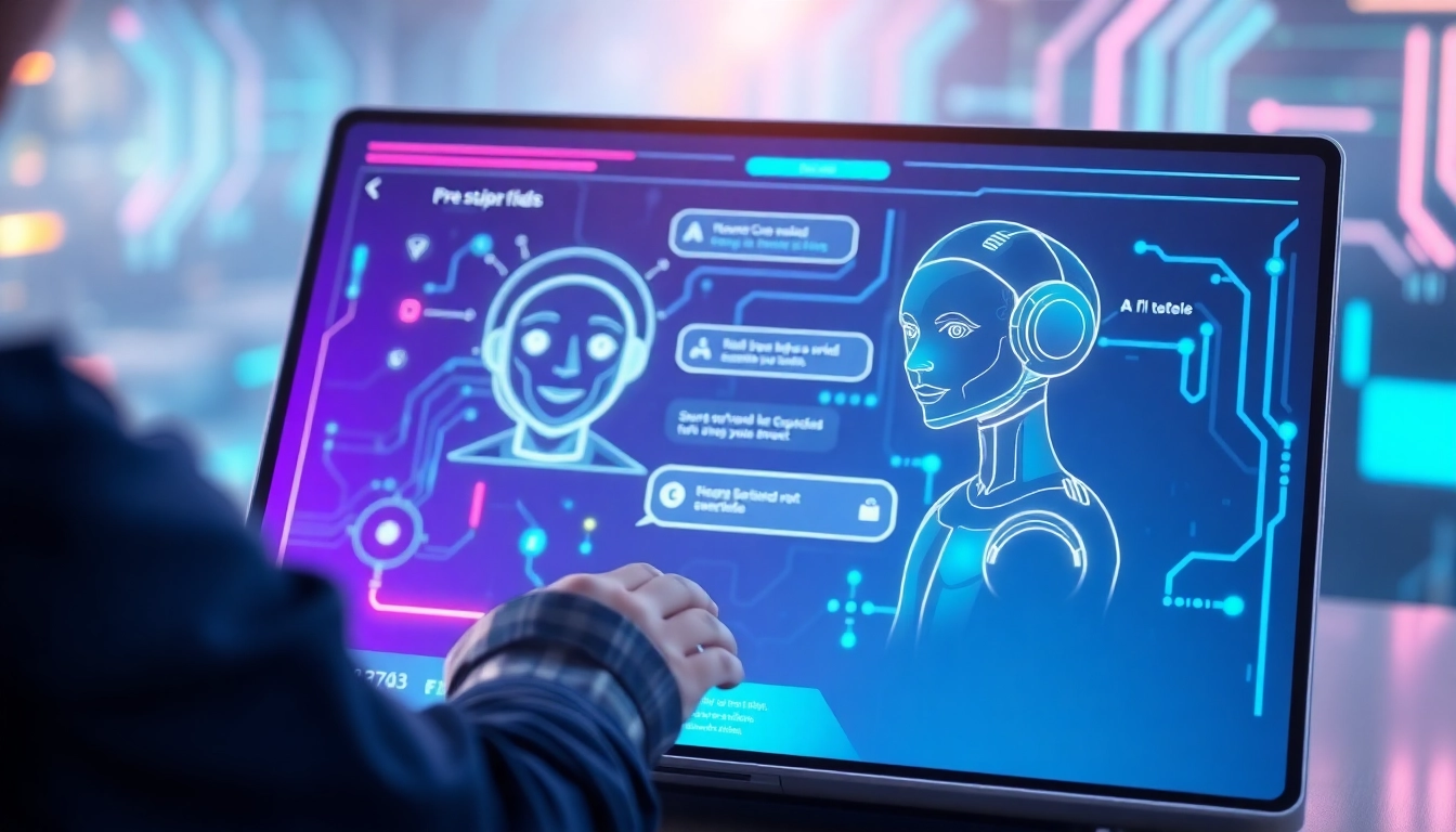 Futuristic AI chatbot interface with holographic avatar and glowing digital environment.