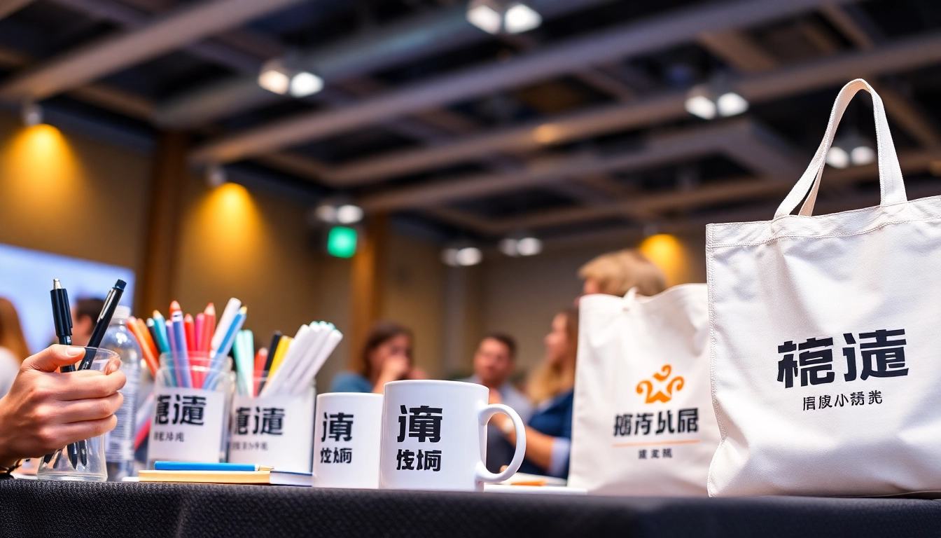 Customized 판촉물 with logos, such as pens and mugs, displayed in a professional setting for effective brand promotion.