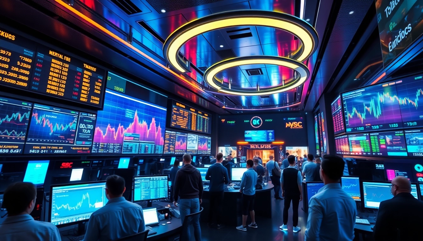 Professional crypto exchange platform with traders analyzing market charts and digital assets