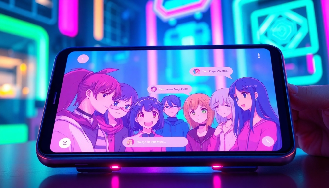 Anime-style characters engaging in a lively conversation on a futuristic digital device with neon-lit background.