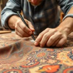 Professional team performing Restauro Tappeti milano restoration on antique rug to preserve its