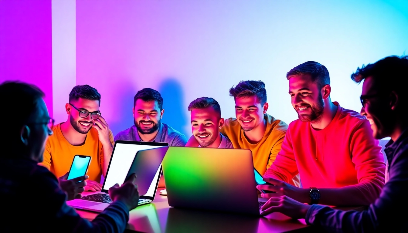 This gay chat platform illustration showing diverse men connecting online through devices in a