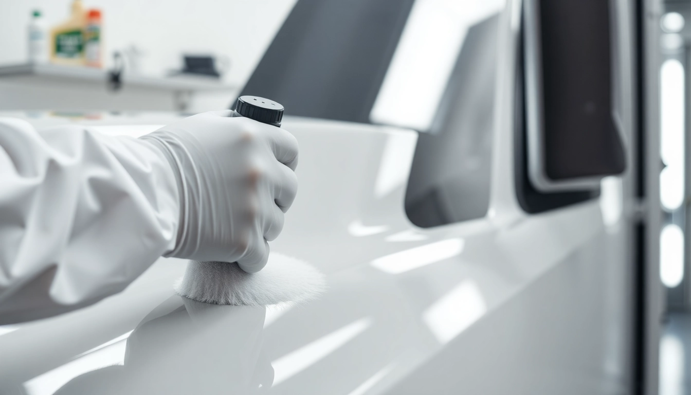 Professional applying Wohnmobil Politursiegelung to a shiny campervan with advanced tools and