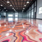 Professional epoxy resin floor coating with a sleek, high-gloss finish in a modern industrial
